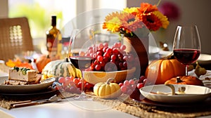 Thanksgiving dinner table with thanksgiving day food and wine, in the style of light red and beige