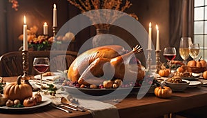 a thanksgiving dinner table with a turkey on it and pumpkins arround it