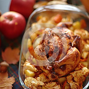 Thanksgiving Dinner. Thanksgiving table served with turkey, decorated with bright autumn leaves.