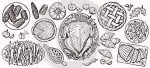 Thanksgiving dinner, top view. Food vector realistic illustrations.