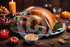 Thanksgiving dinner with turkey, cranberry sauce, pumpkins, wine, seasonal vegetables and fruits on a wooden table. Traditional