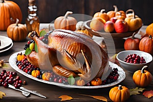 Thanksgiving dinner with turkey, cranberry sauce, pumpkins, wine, seasonal vegetables and fruits on a wooden table. Traditional