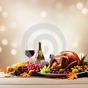 thanksgiving dinner with turkey grapes and wine on wooden table with bokeh background