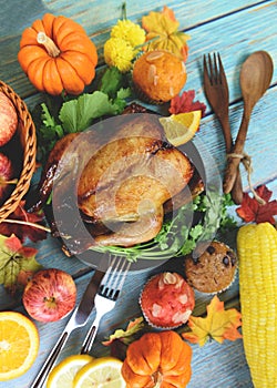Thanksgiving dinner with turkey vegetable fruit served on holiday thanksgiving table Celebration Traditional Setting Food or