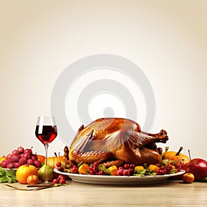 thanksgiving dinner with turkey and wine on wooden background