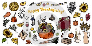 Thanksgiving doodles hand drawn set. Traditional symbols of the holiday - turkey, pumpkin pie, apple pie, apple sider, wine