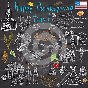 Thanksgiving doodles set. Traditional symbols sketch collection, food, drinks, turkey, pumpkin, corn, wine, vegetables, indians an