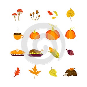 Thanksgiving elements in hand drawn style - mushrooms, acorn, oak