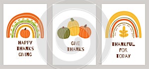 Thanksgiving elements Thanksgiving set Pumpkin rainbow Text Give thanks, thankful. Autumn cards.