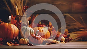 Thanksgiving and fall harvest season. Pumpkins, grape, apple and leaves over dark wood background