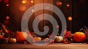 Thanksgiving and fall harvest season. Pumpkins, grape, apple and leaves over dark wood background