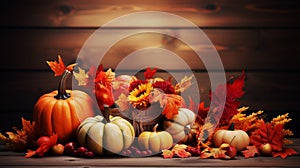 Thanksgiving and fall harvest season. Pumpkins, grape, apple and leaves over dark wood background