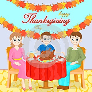 Thanksgiving Family Gala Dinner, colorful cartoon hand drawing. Mom, dad and son are sitting behind a table covered with festive