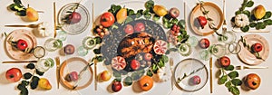 Thanksgiving or family gathering dinner with roasted duck and fruits