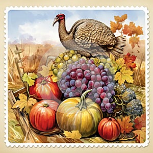 Thanksgiving Feast: Vintage Stamp Unveiling Turkey and Cornucopia Delight