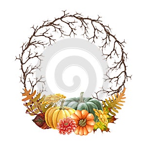 Thanksgiving floral wreath. Watercolor illustration. Hand drawn rustic round decor with pumpkins, flowers, leaf, berries