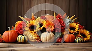 thanksgiving flowers and pumpkins on a wooden table