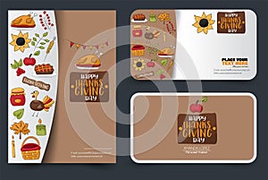 Thanksgiving flyer and banner or business card set. Poster template for a party invitation. Calligraphic inscription.