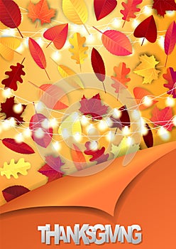 Thanksgiving flyer or poster. Fall traditional american holiday. Background with maple and oak leaves and glowing lights garland u
