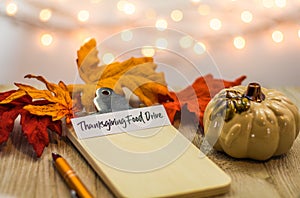 Thanksgiving Food Drive list concept on blank clipboard surrounded with bright leaves and decorative items soft background