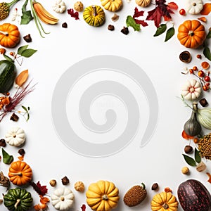 thanksgiving frame with pumpkins squash and other autumnal fruits and vegetables on a white background