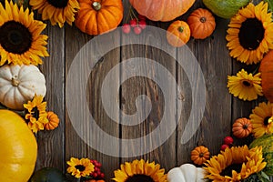Thanksgiving framework. Flowers, pumpkins and fallen leaves on wooden background. Copy space for text. Halloween