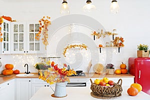 Thanksgiving with fruits and vegetables on table in autumn kitchen