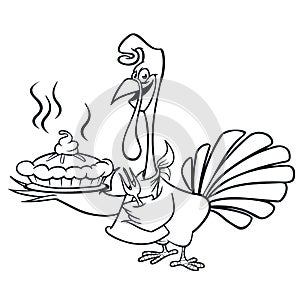 Thanksgiving funny cartoon turkey chief cook serving pumpkin pie outline strokes.