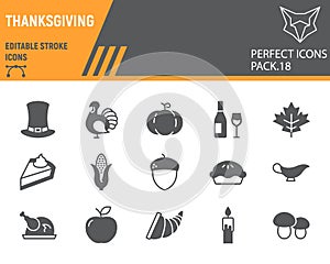 Thanksgiving glyph icon set, holiday collection, vector sketches, logo illustrations, thanksgiving day icons