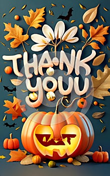 Thanksgiving greeing card, illustration decorated with 3D Realistic spooky pumpkin and autumn fall maple leaves.