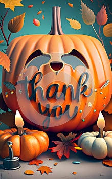 Thanksgiving greeing card, illustration decorated with 3D Realistic spooky pumpkin and autumn fall maple leaves.