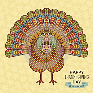 Thanksgiving greeting card. Creative stylized turkey with ornamental elements