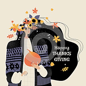 Thanksgiving greeting card with a cute girl in a wreath of autumn leaves and flowers and a pumpkin in her hands