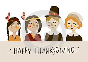 Thanksgiving greeting card with Indians and pilgrims photo