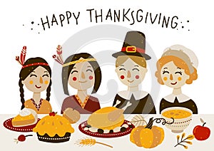 Thanksgiving greeting card with Indians and pilgrims photo