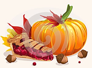 Thanksgiving greeting card with pumpkins, autumn leaves, traditional pie, acorns and red berries