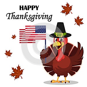 Thanksgiving greeting card with a turkey bird wearing a Pilgrim