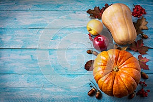 Thanksgiving greeting with pumpkins and fall leaves on blue bac