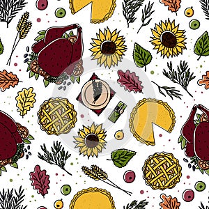 Thanksgiving hand drawn doodle style holiday traditional symbols seamless pattern. Turkey, pumpkin pie, apple pie etc