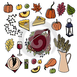 Thanksgiving hand drawn doodle style holiday traditionalsymbols. Turkey, pumpkin pie, apple pie, apple sider, wine