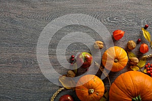 Thanksgiving or harvest background. Pumpkins, walnuts, dry leaves, apple on rustic wooden table. Flat lay, top view, copy space