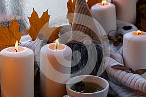 Thanksgiving and Hello Fall Halloween concept Celebrating autumn holidays at cozy home on the windowsill Hygge aesthetic