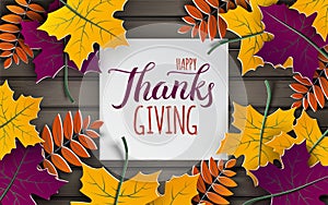 Thanksgiving holiday banner, paper colorful tree leaves on wooden background. Autumn design, for fall season poster, thanksgiving