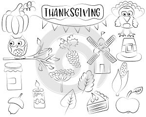 Thanksgiving holiday icon set. Autumn harvest design concept. Black and white outline coloring page kids` game.