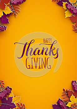 Thanksgiving holiday poster with congratulation text. Autumn tree leaves on yellow background. Holiday design, fall season poster