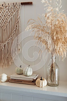 Thanksgiving home  decor - white wooden fireplace with wall macrame, cream and beige pumpkins, pine cones garland and rustic dry