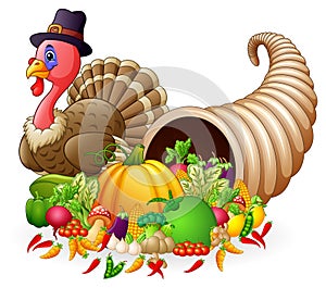 Thanksgiving horn of plenty cornucopia full of vegetables and fruit with cartoon pilgrim turkey