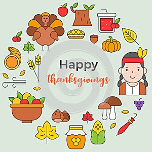 Thanksgiving icon arrange as circle shape and happy thanksgiving