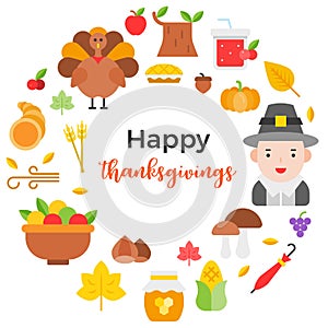 Thanksgiving icon arrange as circle shape and happy thanksgiving