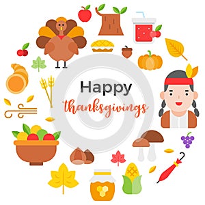 Thanksgiving icon arrange as circle shape and happy thanksgiving